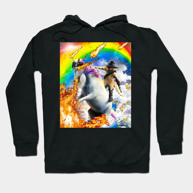 Cowboy Space Cat On Rainbow Fire Unicorn Hoodie by Random Galaxy